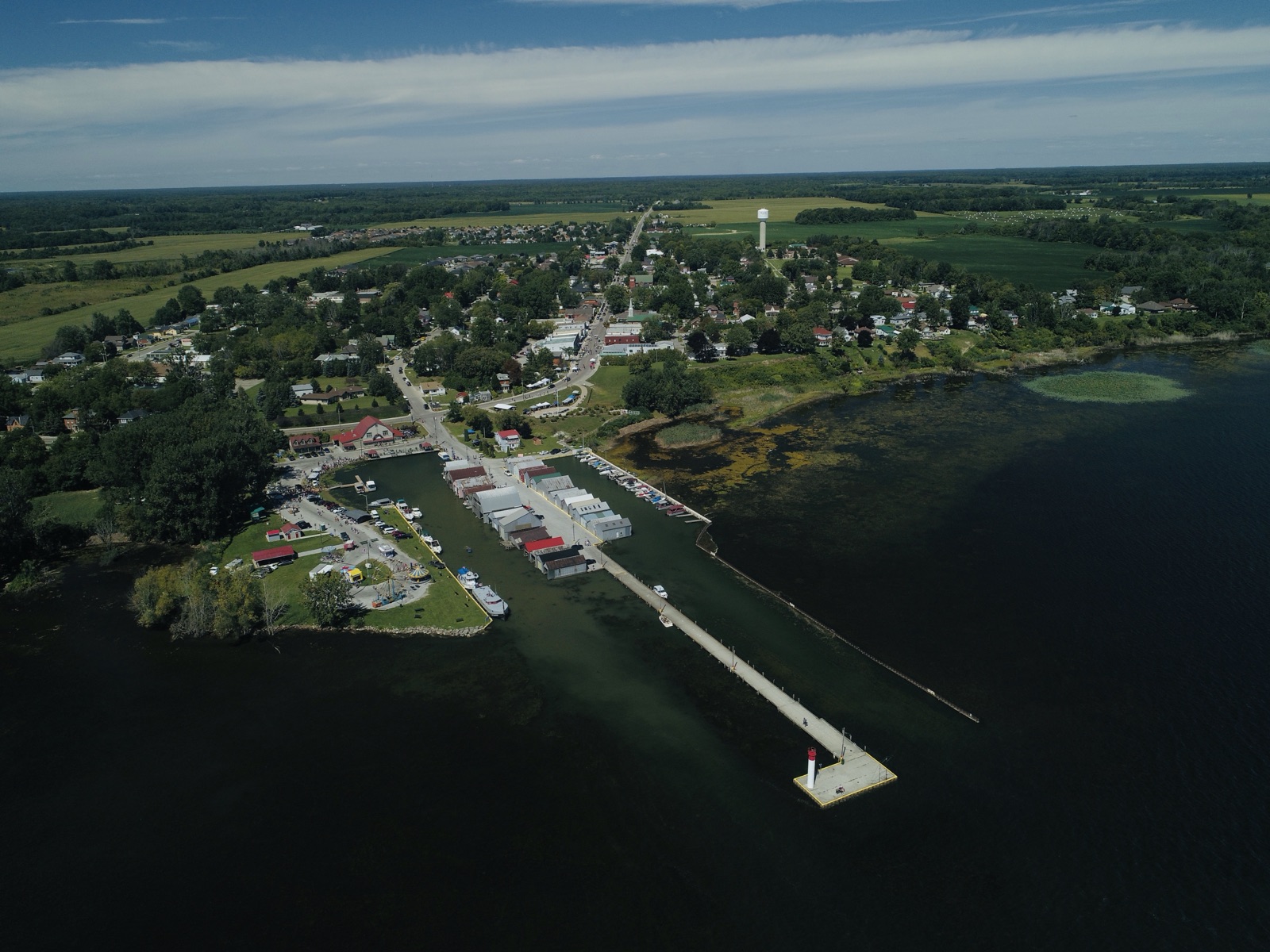 Aerial view of Port Rowan harbour and town